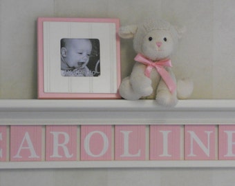Baby Girl Wooden Name Signs, Nursery Decor Shelf (White or Off White) with Wooden Wall Letters in Pastel Light Pink