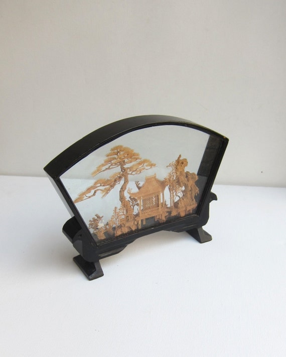 Antique Vintage Chinese cork 3D panorama landscape in black