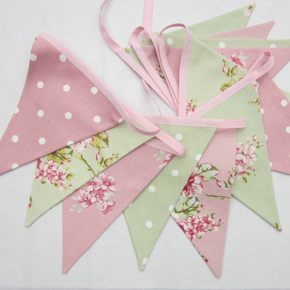 Fabric Bunting cottage chic Floral Pink Sage Green Flags