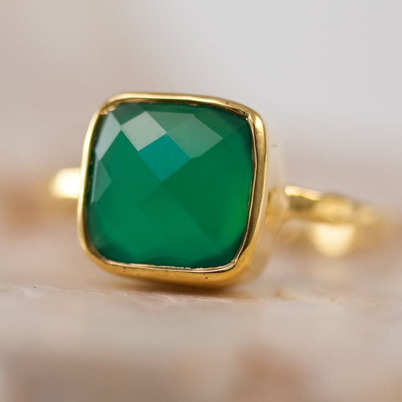 Green Onyx Ring Square Gold Green Stone Ring Gold Ring