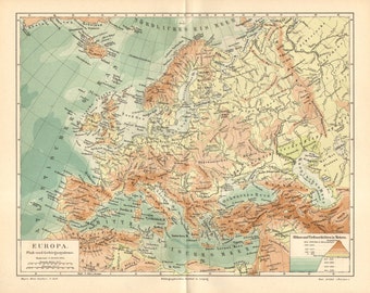 1890 Original Antique Relief Map of Europe