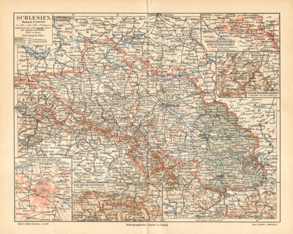 1905 Original Antique Map of the Prussian Province of Silesia