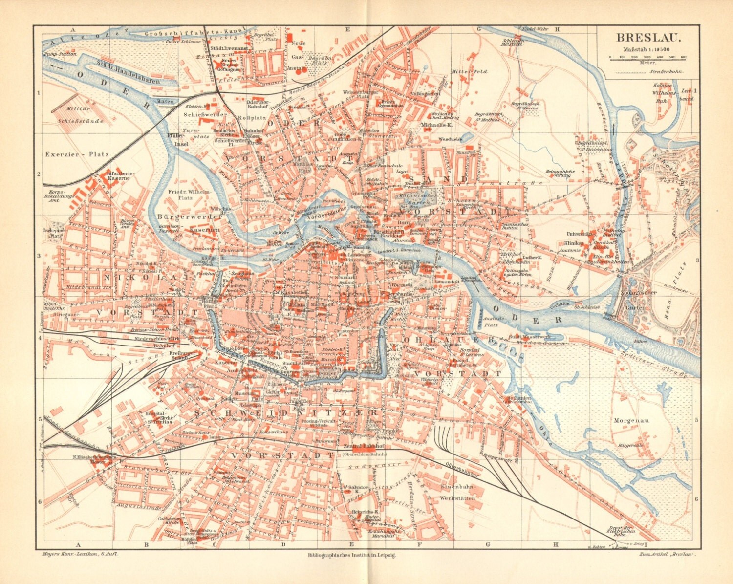 1902 Original Antique City Map of Breslau Wroclaw