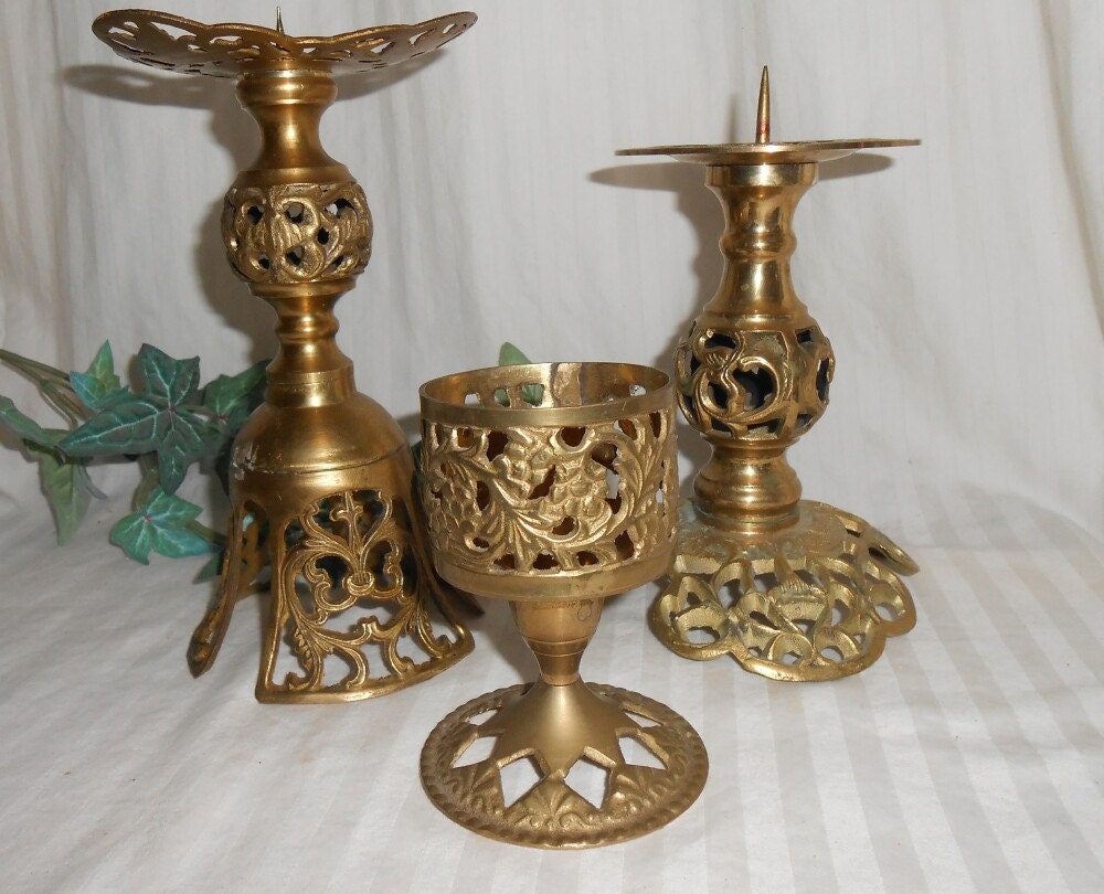 Vintage brass candle holders filigree brass pillar candle
