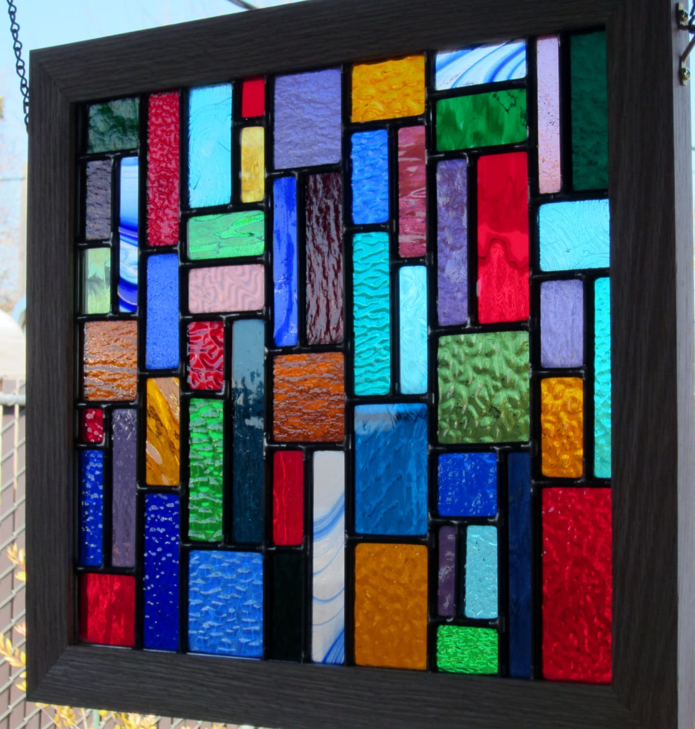 Oak Framed Multi Color Stained Glass  Window 