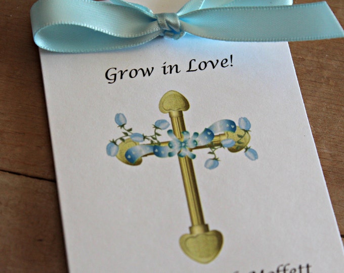 Personalized Blue Floral Cross Religious Baptism First Holy Communion Christening Thank You Gift Favors SALE CIJ Christmas in July