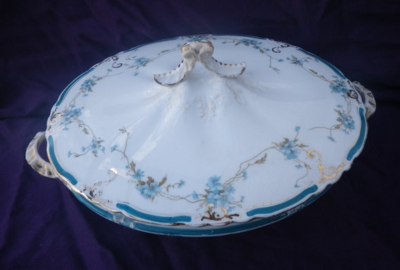 PAIR (2) of Antique Edwin M. Knowles China Co Covered Serving Dishes blue transfer set