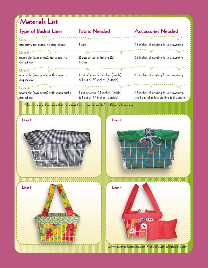 Download INSTANT DOWNLOAD Bicycle Basket Liner Pattern PDF 4 Liner