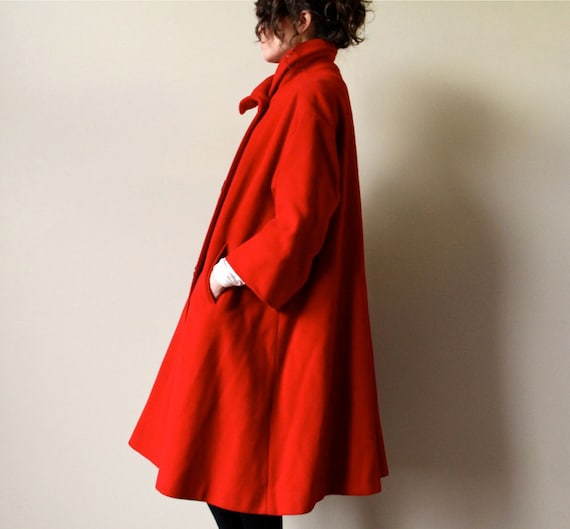 60s Red Wool Mod Swing Coat Avant Garde Double Breasted 