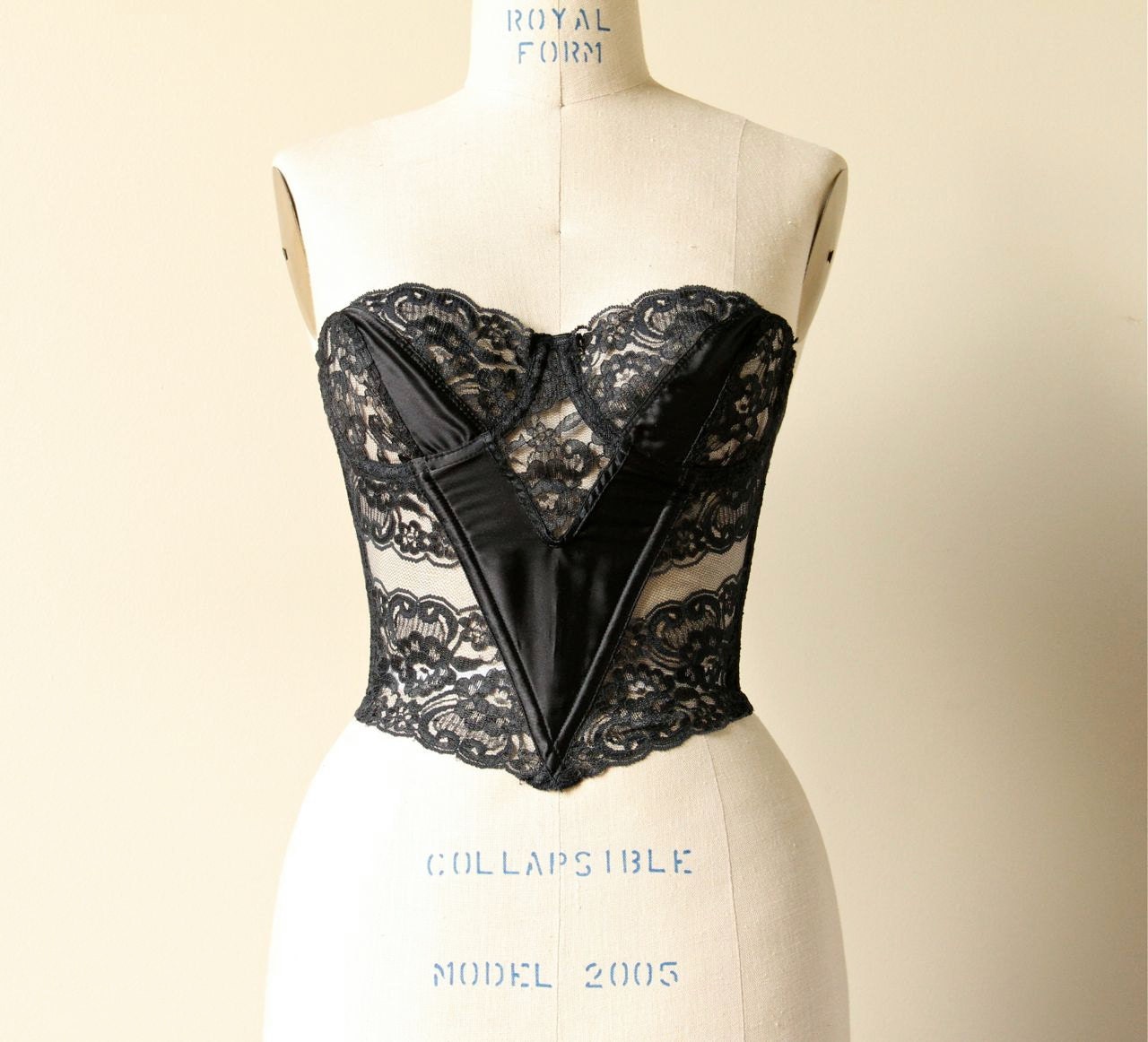 Black Christian Dior Bustier lace satin designer lingerie 80s