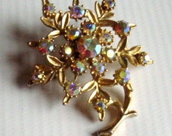 Vintage 1950s Flower Rhinestone Pin AB Mid Century Brooch