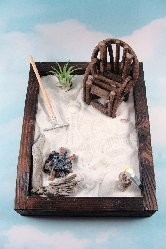 miniature zen beach garden kit in burnt cedar box air plant