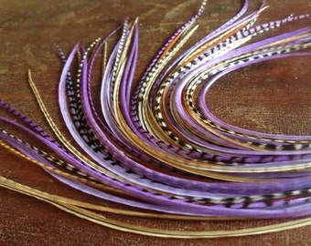 Feather Extensions Purple Grizzly Natural Barred Ginger 7 long Hair Feathers, Bonded Feather Hair Extension Kit Bundle