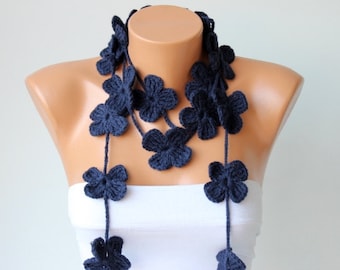 crochet lariat ,flower lariat scarf ,crochet lariat jewelery,navy