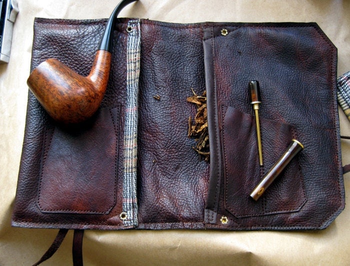 Leather Pipe & Tobacco Pouch in Hand Dyed Leather and Grey