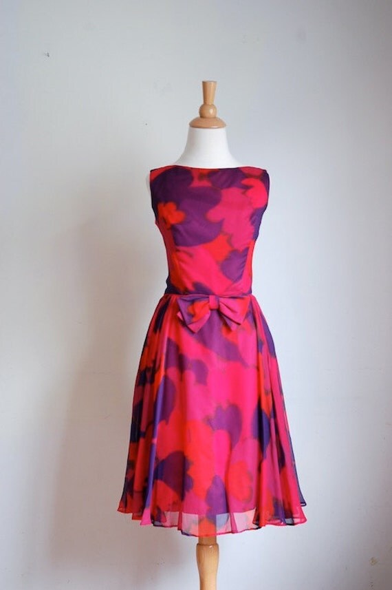 1950's Vintage Powder Blue Floral Dress Baby Blue Nylon & Blue Floral