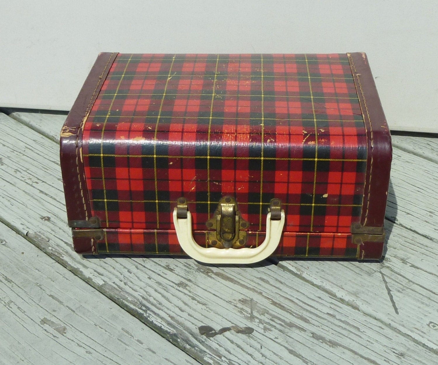 cute plaid vintage suitcase luggage child's dolls 50s