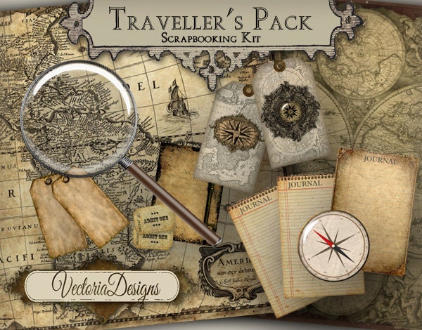 Traveller's Pack Junk Journal Digital Scrapbooking Kit Vintage Images Digital Collage Sheet VD0376