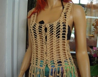 MADE TO ORDER Handmade crochet hippie like vest/festival top with tassels/ vest in tea beige cotton gift idea for her by golden yarn