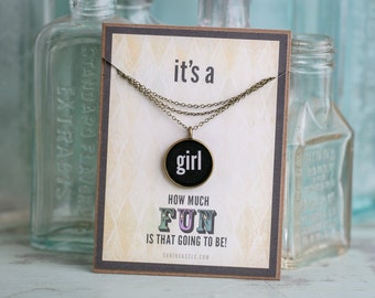 Its a Girl Necklace - Miniature Pendant - Vintage Typewriter Key Inspiration - Baby Girl Shower - Glossy Resin Charm