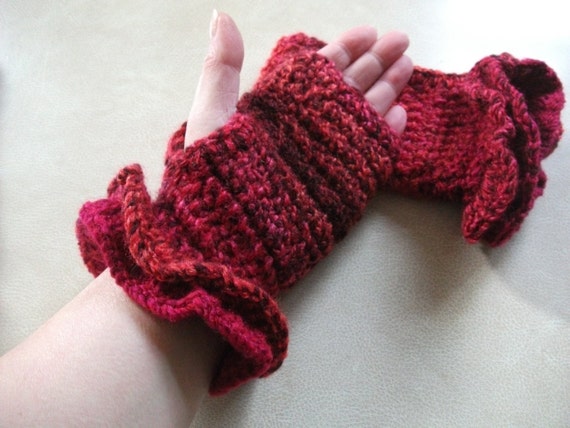 Ruffled Crochet Fingerless Mittens/Gloves by UniquelyYourDesigns