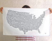 American Gastronomy Map Tea Towel Grey