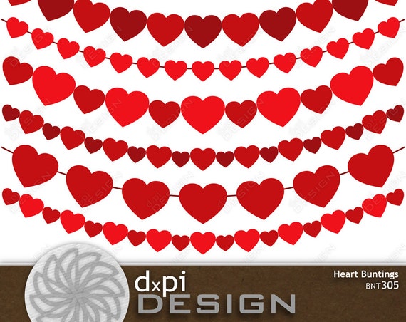 Digital Heart Buntings Valentine Clip Art Buntings With Red