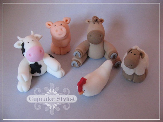Set of 5 Gumpaste Farm Animal Cake and Cupcake Toppers by