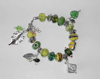 Green lampwork charm leather bracelet (#303)