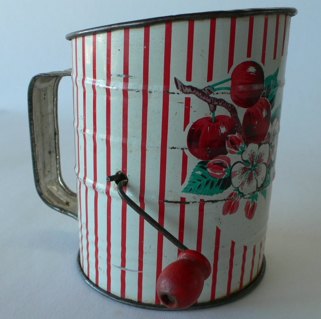 vintage flour sifter painted with cherries farmhouse kitchen