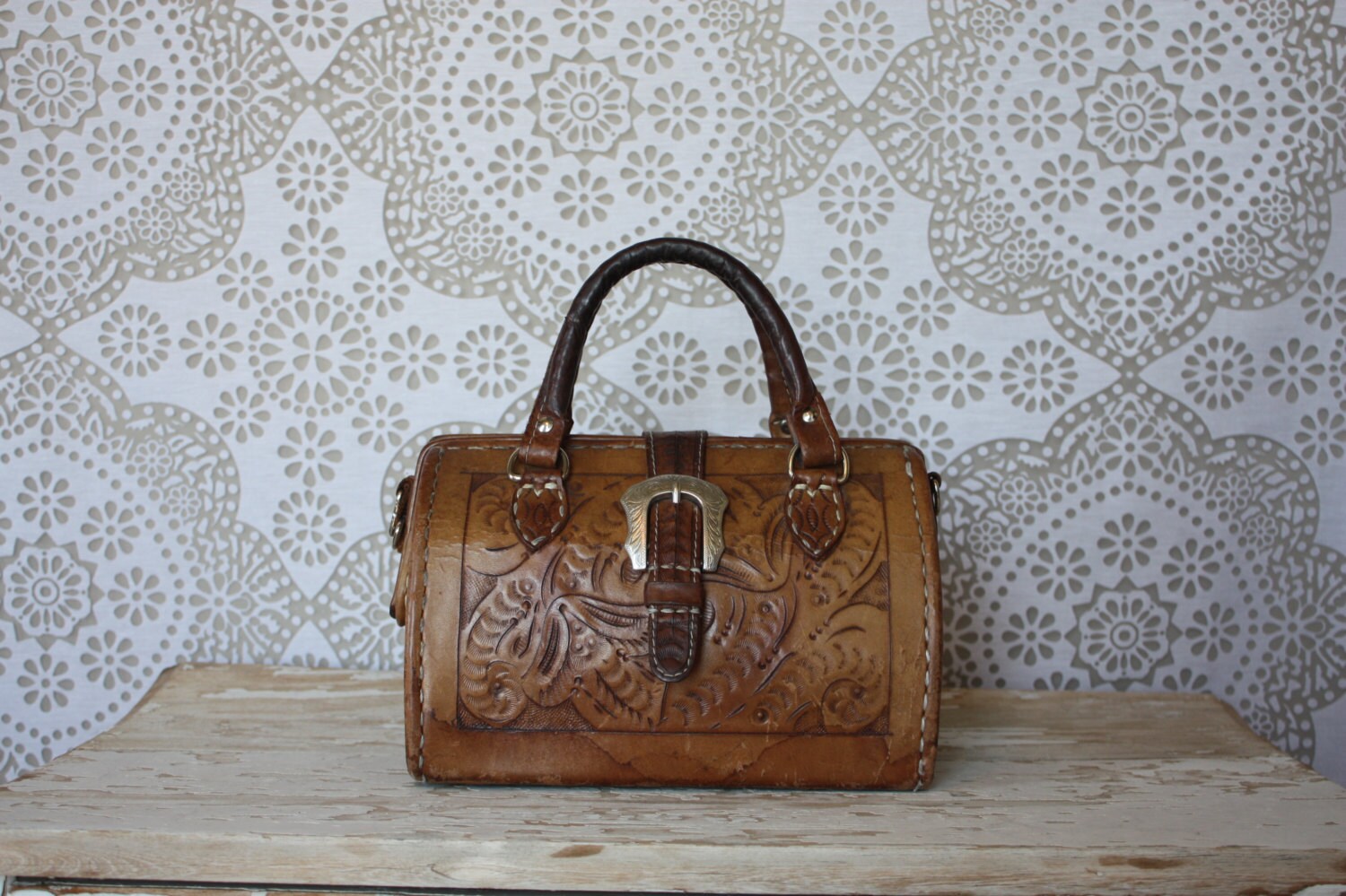 Vintage Tooled Leather Doctors Bag Style Purse with Western