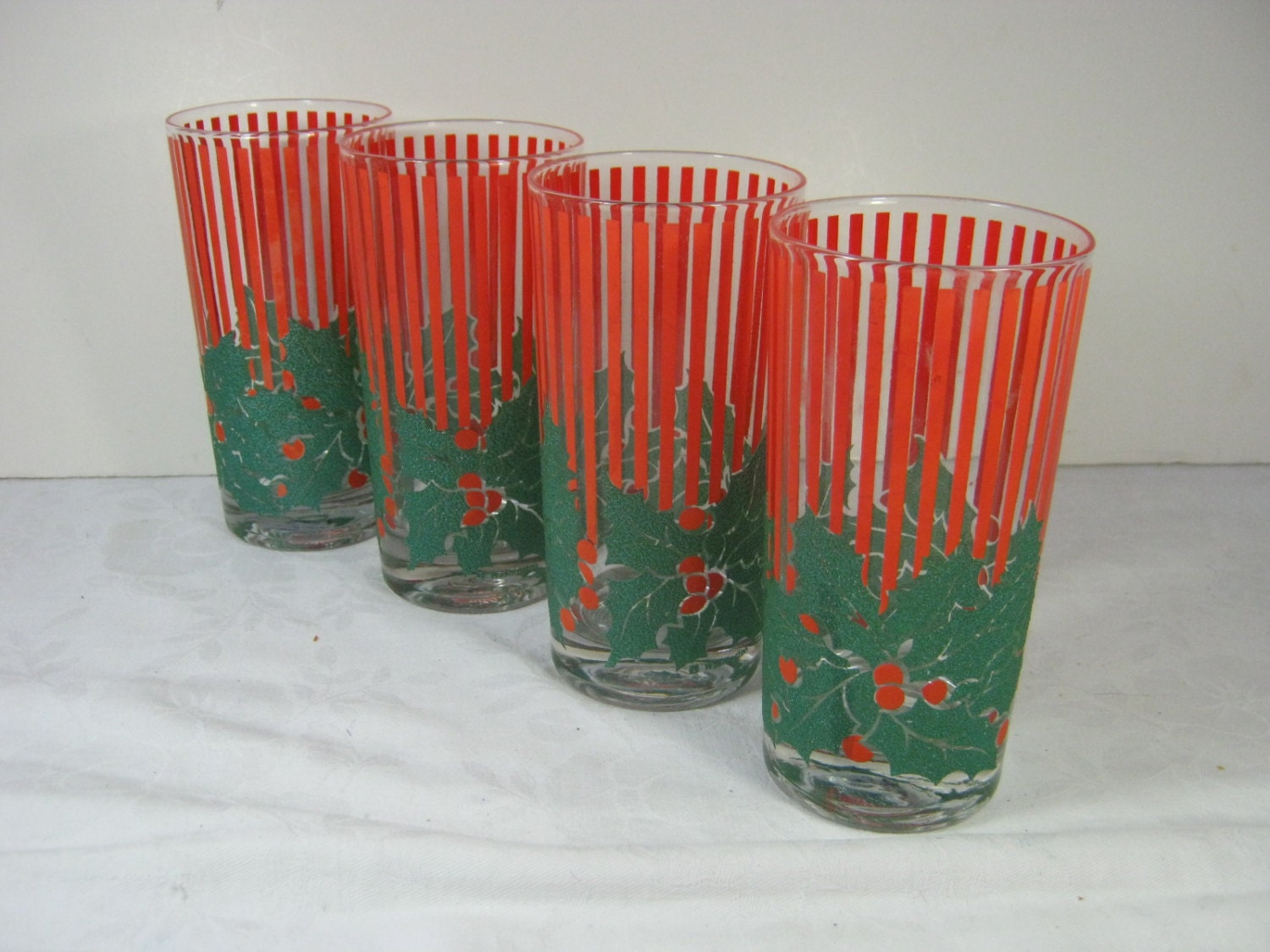 Vintage CHRISTMAS Glasses Holly & Stripes Holiday Glassware