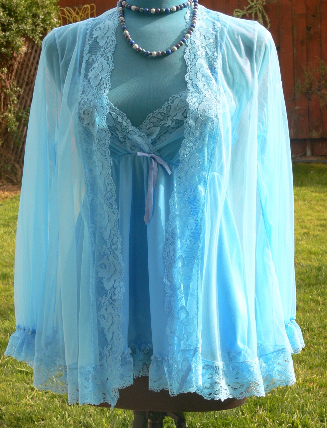 Turquoise blue baby doll sleepwear and matching robe size med