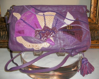 Vintage 1980'a Carlo Fiori Purple Leather/Reptile Skin Handbag