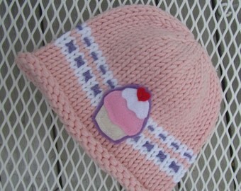 Pink Baby Hat, Cupcake Baby Hat, Knit Baby Hat, Hand Knit Baby Hat, Baby Hat, Baby Girl Hat, Baby Girl Gift, Baby Shower Gift, Cupcakes