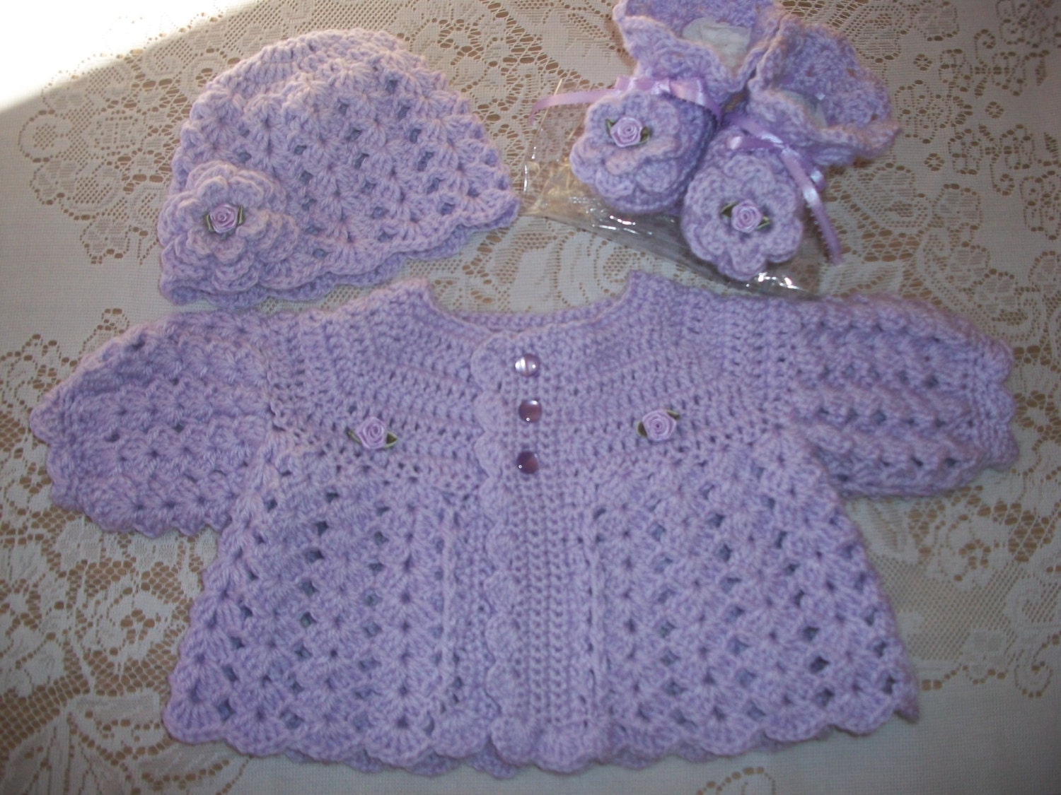Crochet Baby Girl Lavender Sweater Set Layette For Take Me