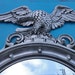 Large Vintage Ornate Round Convex Mirror with Eagle in Metallic Brushed Nickel with Black Patina