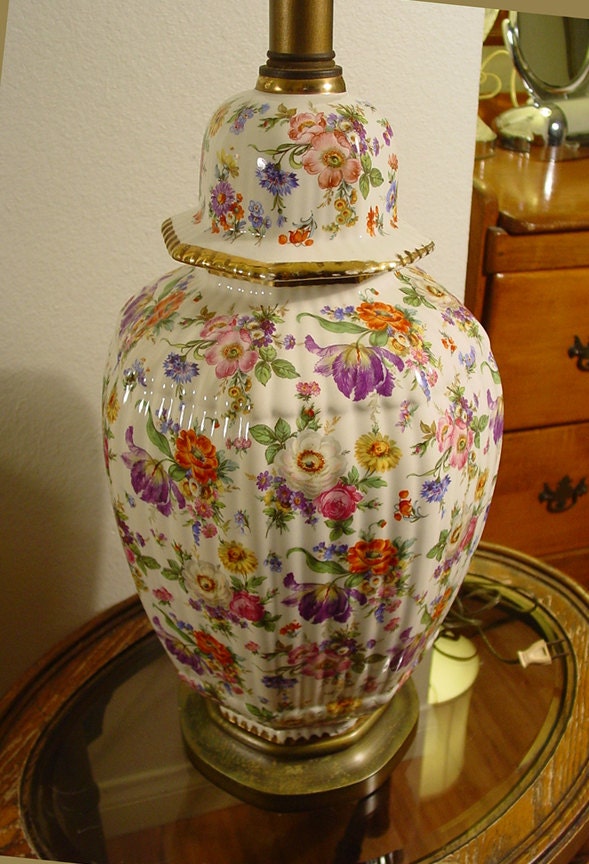 RARE Huge Floral Chintz Porcelain Lamp Schumann Bavaria