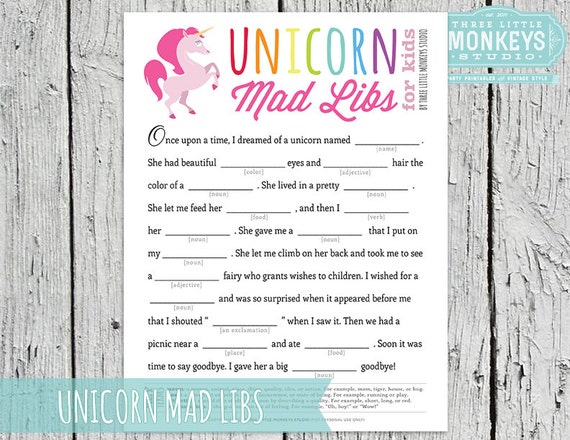 instant download magical rainbow unicorn mad libs game