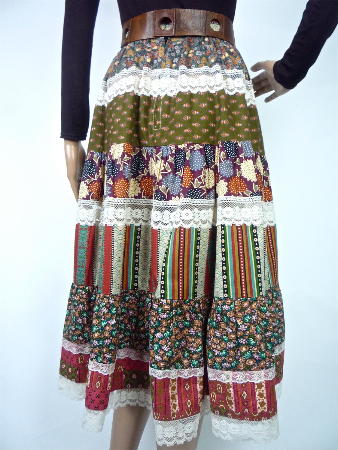 70s Folk Hippie patchwork Midi Peasant skirt