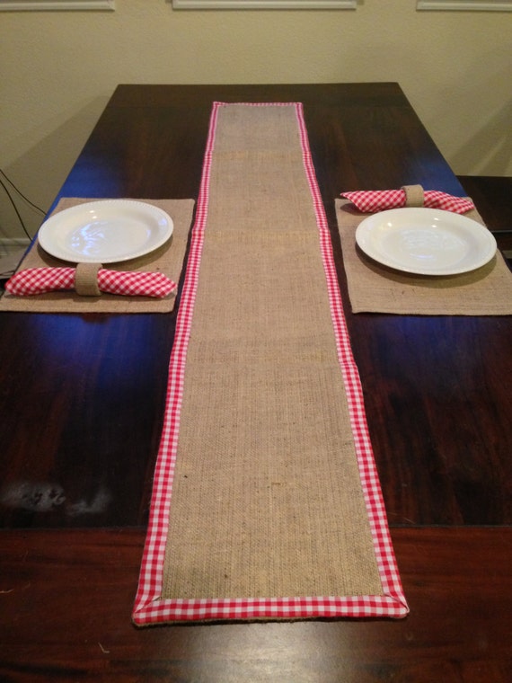 Items similar to Burlap & Gingham Trim Table Runner 6 foot x 12 inches