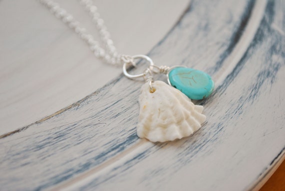 Shell & Gemstone necklace, Long 27 inch, Nautical beach jewelry, Teal Gemstone necklace