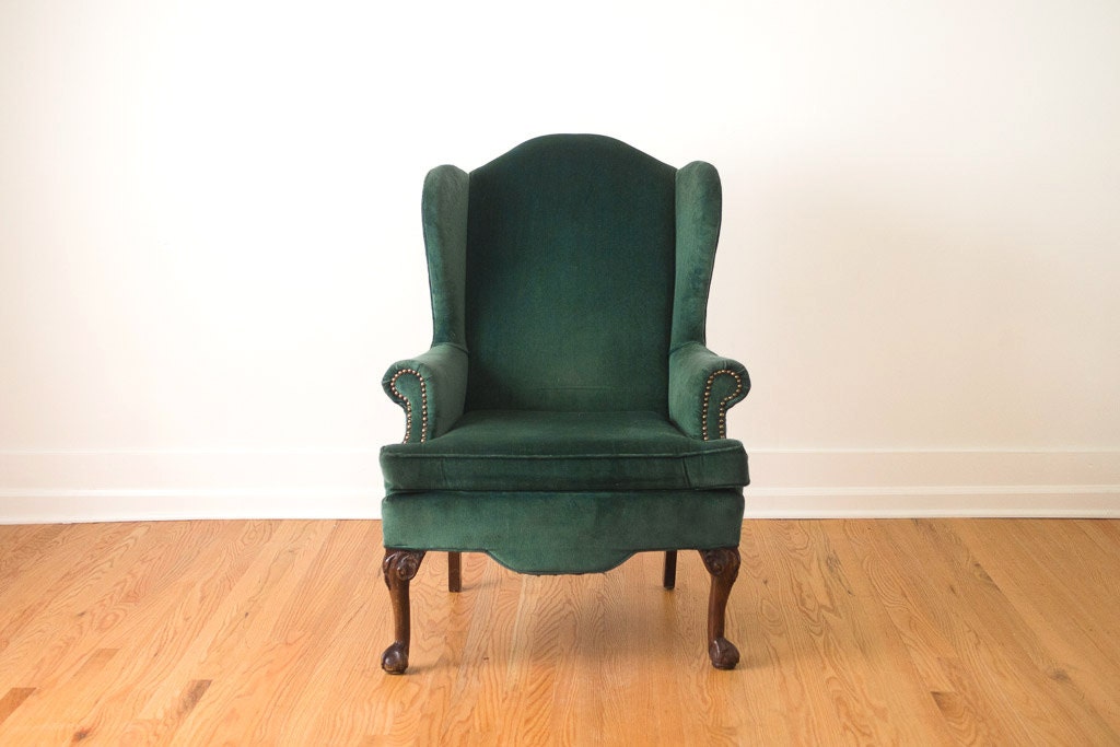 SALE Vintage Emerald Green Velvet Wing Chair