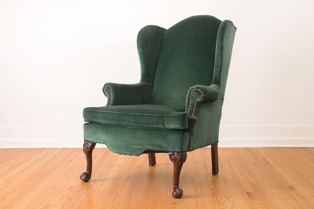 SALE Vintage Emerald Green Velvet Wing Chair