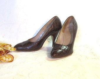 Vintage Shoes Womens Shoes Pumps Leather Shoes Pumps Cocodile Shoes High Heeled Womens Shoes 1950 Brown Leather Pumps Stilletto Heel Shoes
