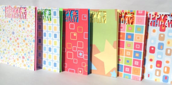 Set of six Birthday Cards, kids pack, handmade, stationary, happy birthday die cut, patterned card stock cards,