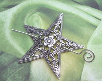 Star Shawl Pin, Filigree Scarf Pin, Silver Star Sweater Pin, spring fashion, hammered, flower, floral, matte, silver filled
