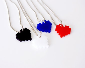 Acrylic Pixel Heart Necklace, You Pick 2 Geek Gamer Jewelry Set, "I Love You in Pixels" in Red, Blue, Black, White