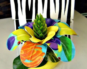 Tropical Fabric Flower on Bright Yellow Rock - Paperweight / Table Decor