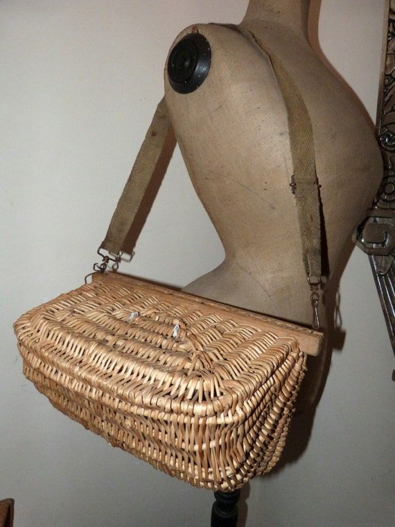 Antique French wicker fishing basket bag by